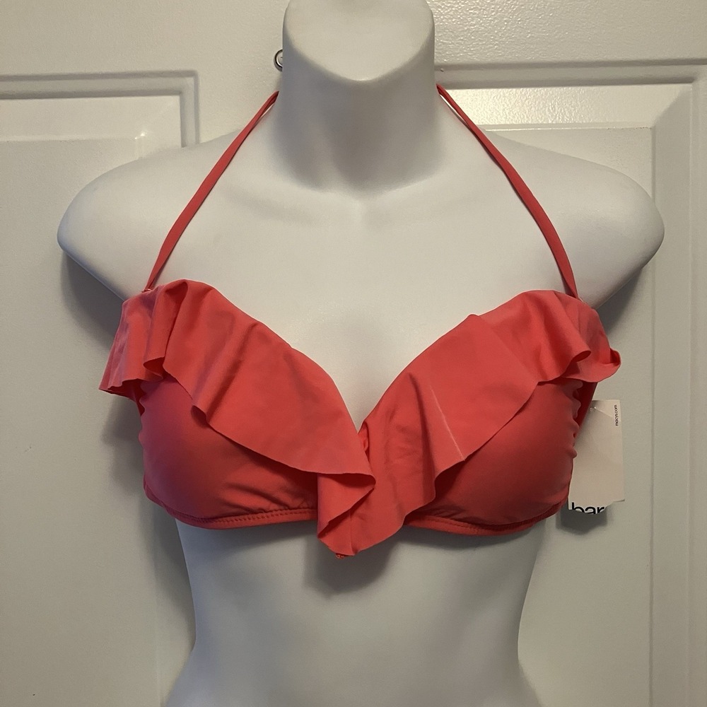 NWT Bar III Swimsuit Medium Bikini Ruffle Top Bra Padded Bandeau Coral Orange